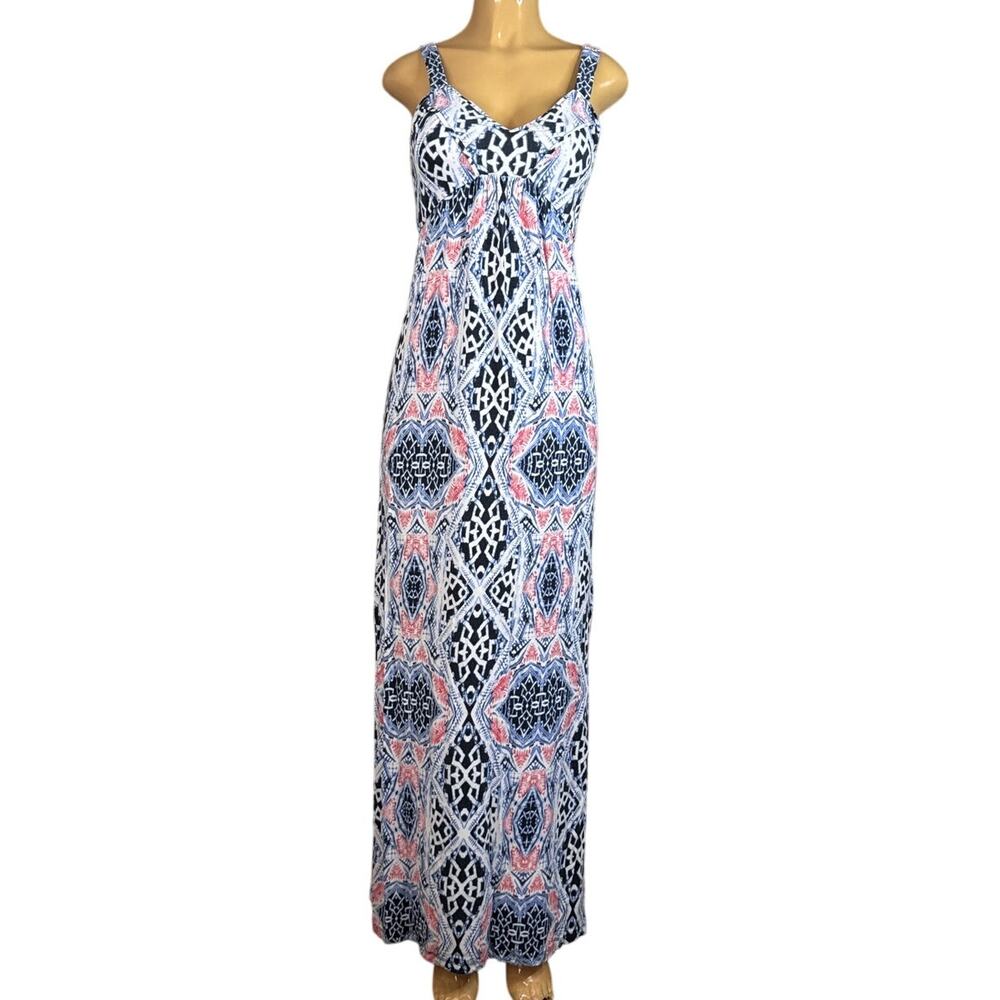 Tart Sleeveless Maxi Dress V-Neck Blue White Red Ikat Pattern Size XS